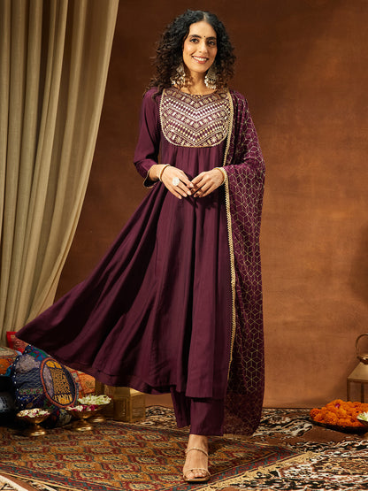 Janasya Women's Wine Chanderi Silk Embellished A-line Kurta Set