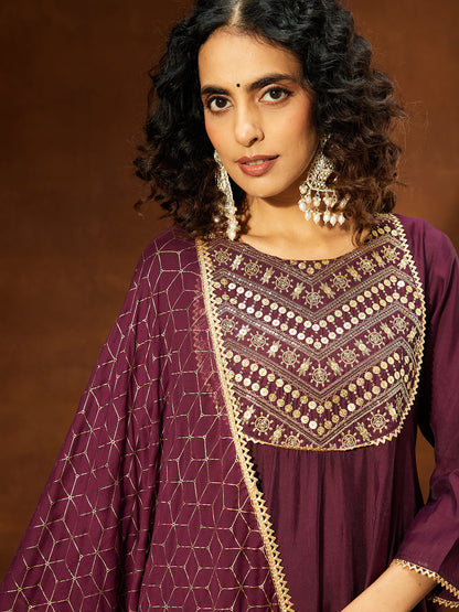 Janasya Women's Wine Chanderi Silk Embellished A-line Kurta Set