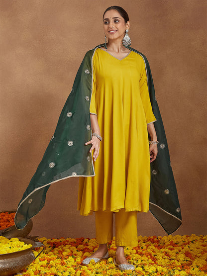 Janasya Women Mustard Yellow Rayon Embellished Anarkali Kurta Set with Green Dupatta