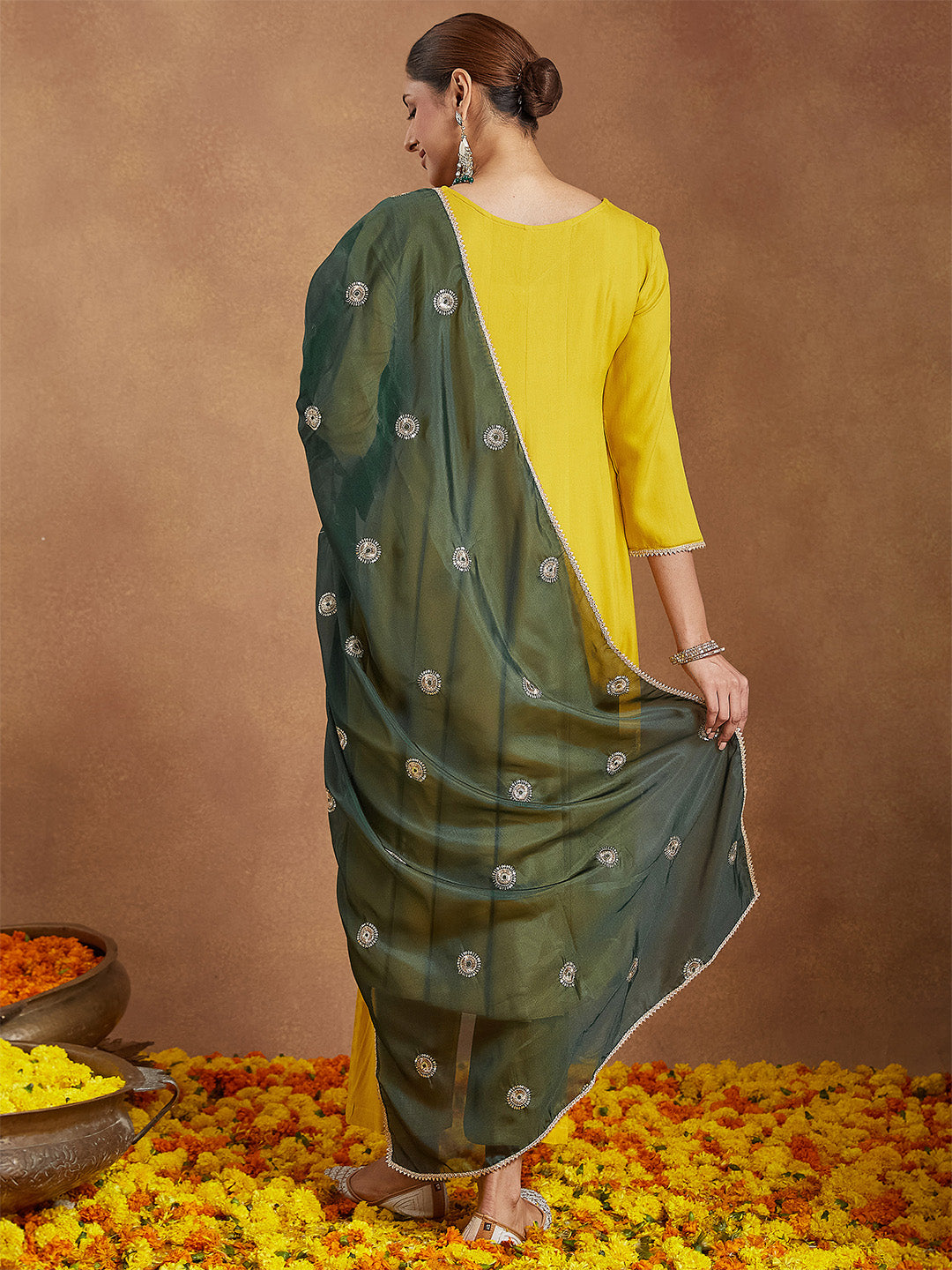 Janasya Women Mustard Yellow Rayon Embellished Anarkali Kurta Set with Green Dupatta