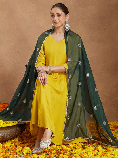 Janasya Women Mustard Yellow Rayon Embellished Anarkali Kurta Set with Green Dupatta