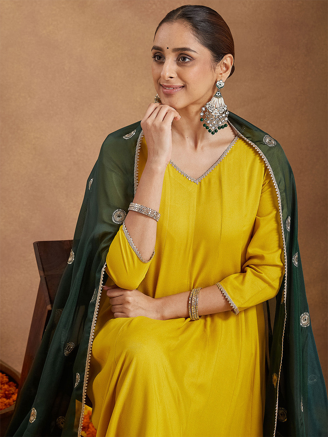 Janasya Women Mustard Yellow Rayon Embellished Anarkali Kurta Set with Green Dupatta