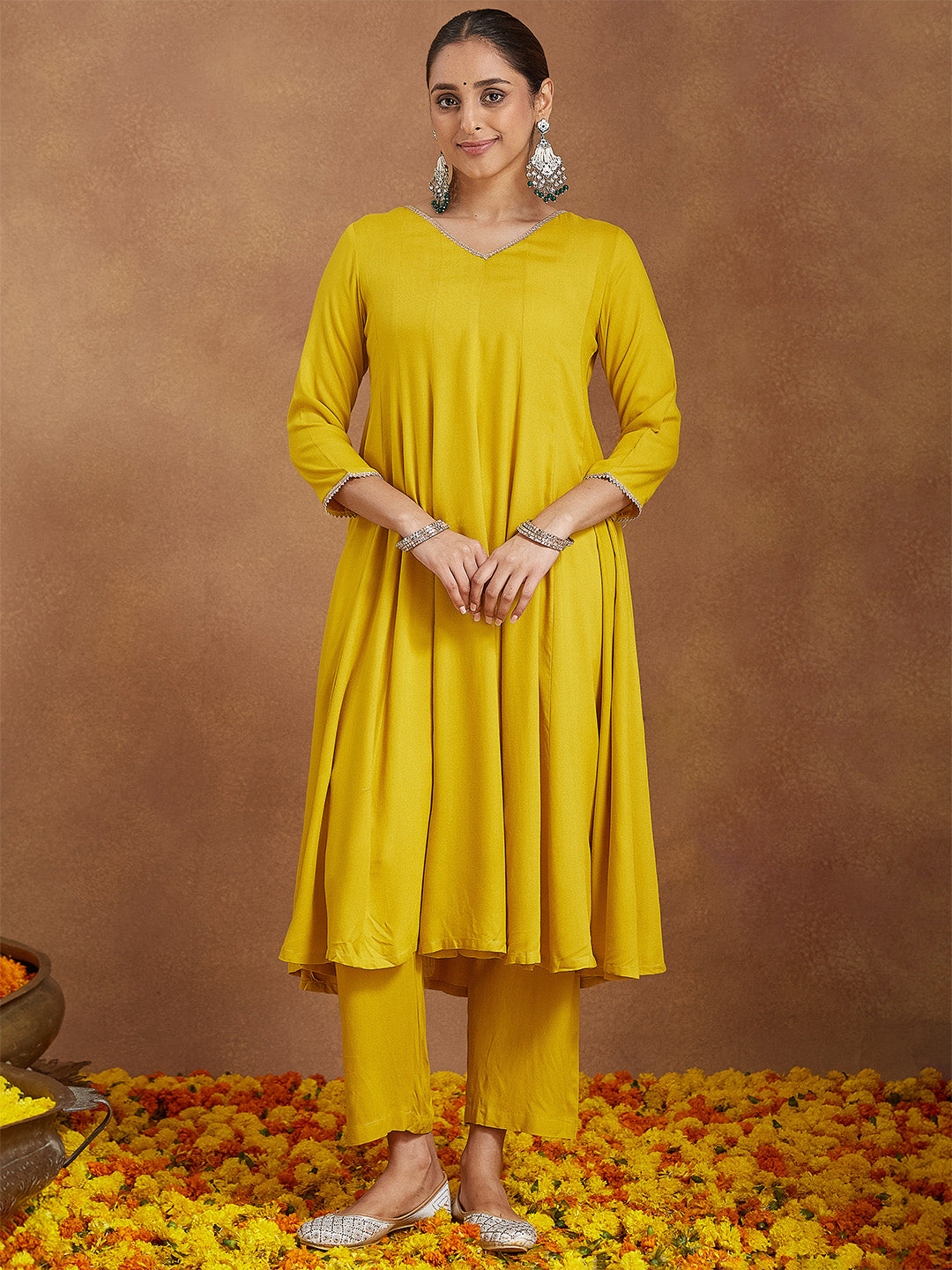 Janasya Women Mustard Yellow Rayon Embellished Anarkali Kurta Set with Green Dupatta