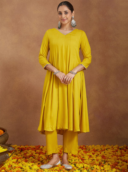 Janasya Women Mustard Yellow Rayon Embellished Anarkali Kurta Set with Green Dupatta