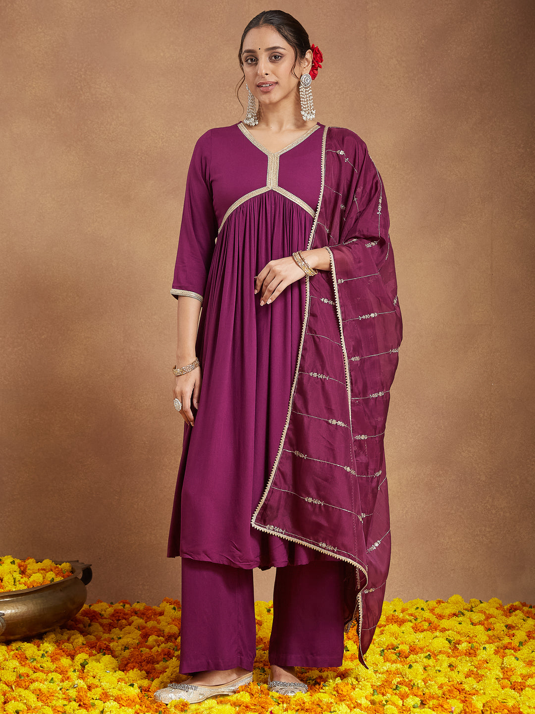 Janasya Women's Purple Rayon Embellished A-line Kurta Set