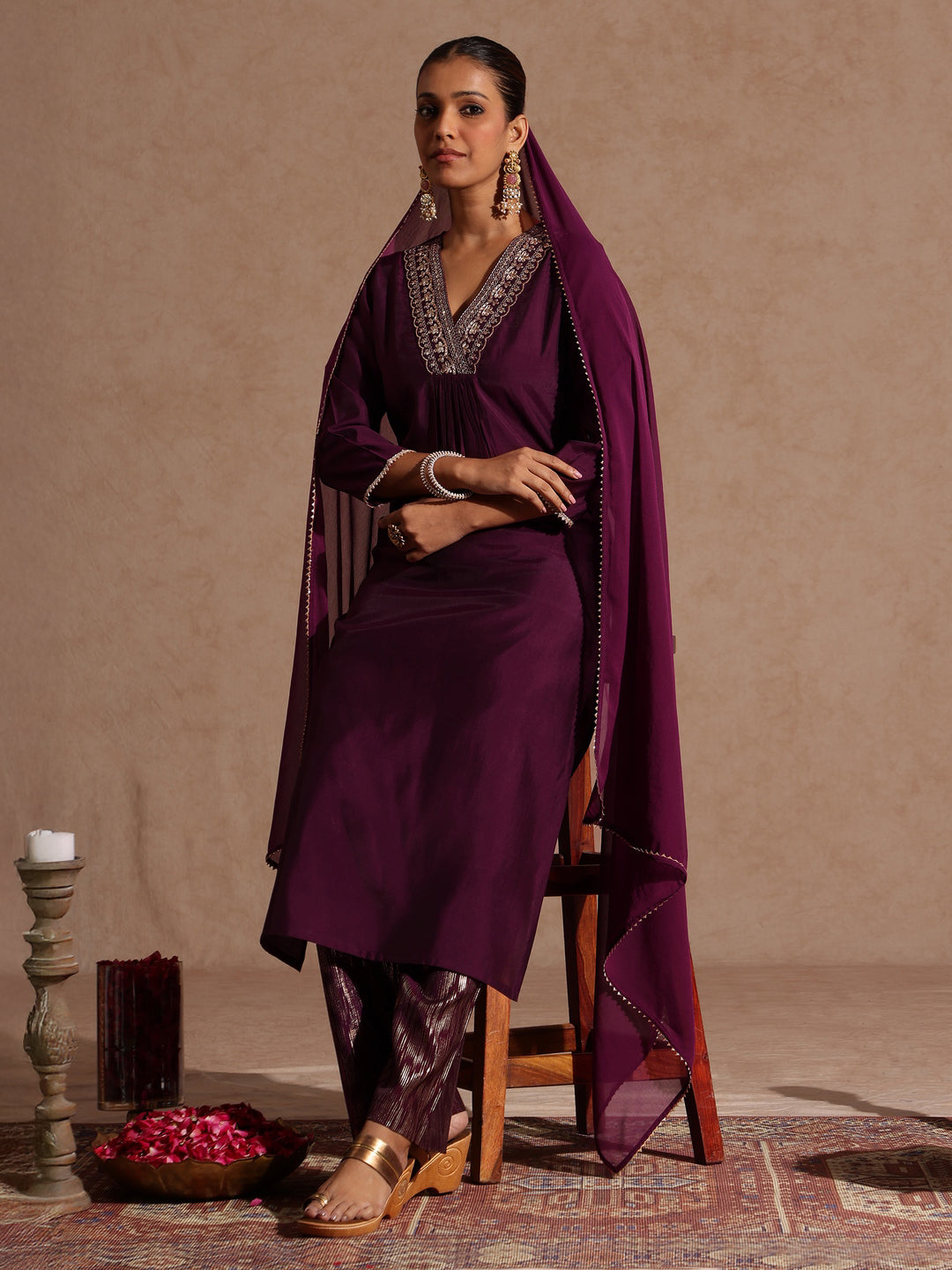 Janasya Women's Wine Chanderi Silk Embellished Straight Kurta Set