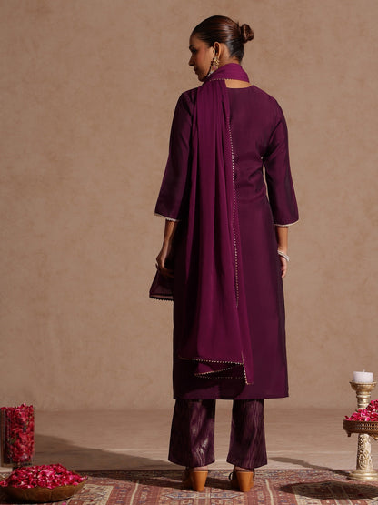 Janasya Women's Wine Chanderi Silk Embellished Straight Kurta Set