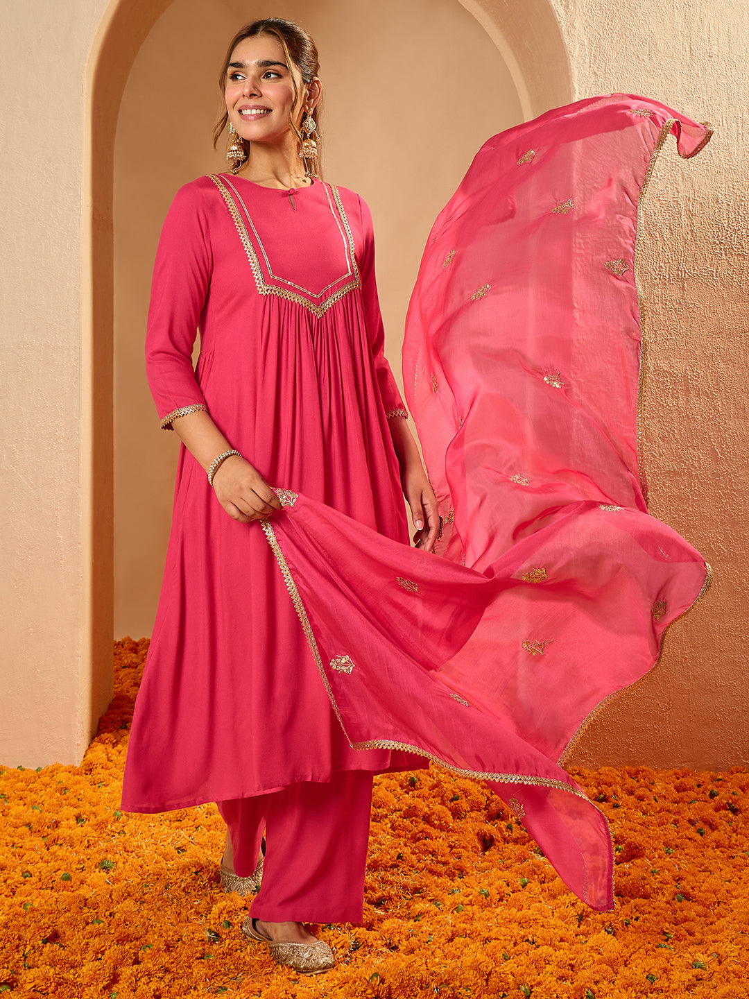 Janasya Women's Pink Rayon Yoke Design A-Line Kurta Set with Embroidered Dupatta