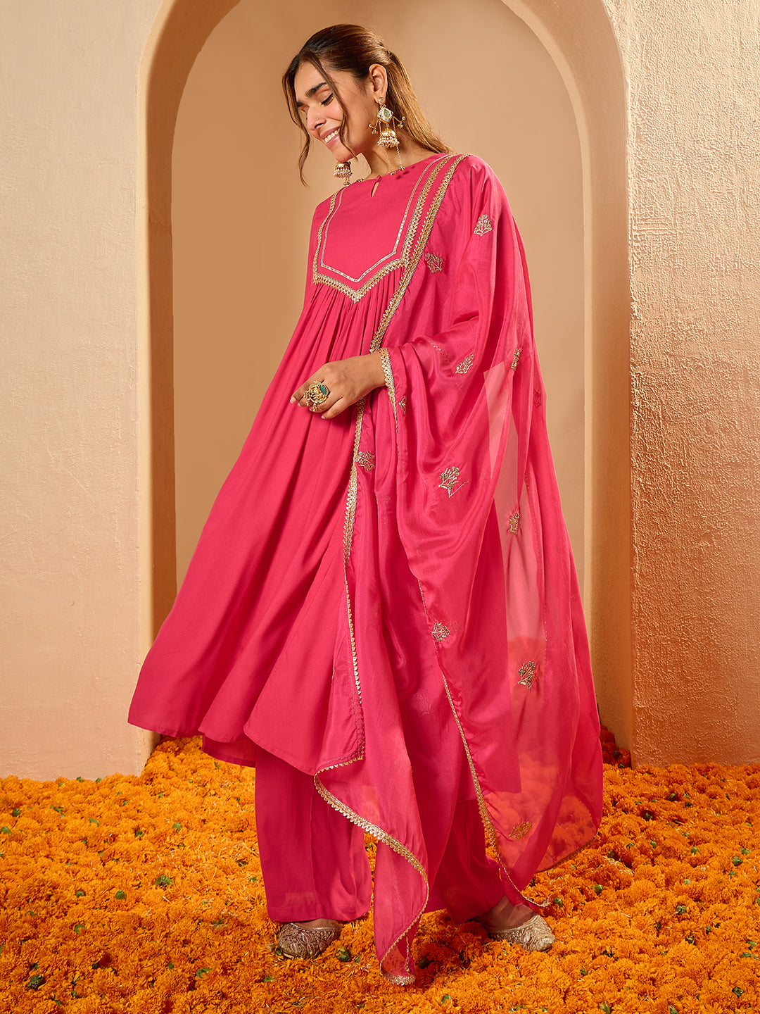 Janasya Women's Pink Rayon Yoke Design A-Line Kurta Set with Embroidered Dupatta