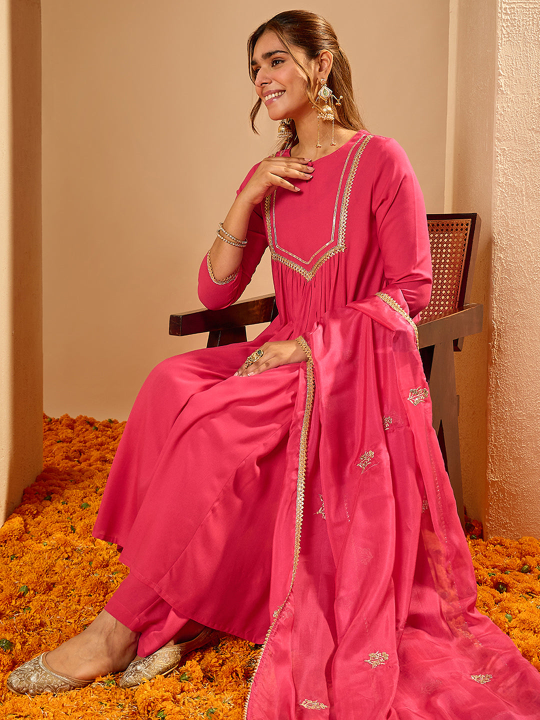 Janasya Women's Pink Rayon Yoke Design A-Line Kurta Set with Embroidered Dupatta