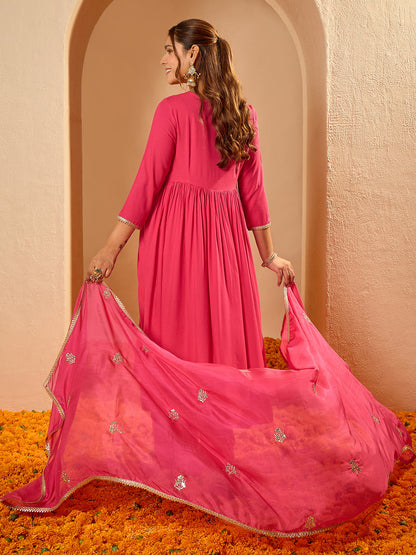 Janasya Women's Pink Rayon Yoke Design A-Line Kurta Set with Embroidered Dupatta
