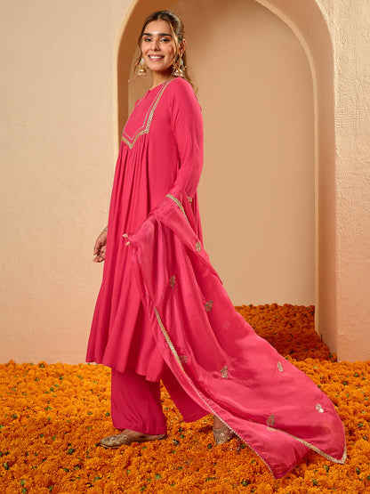 Janasya Women's Pink Rayon Yoke Design A-Line Kurta Set with Embroidered Dupatta