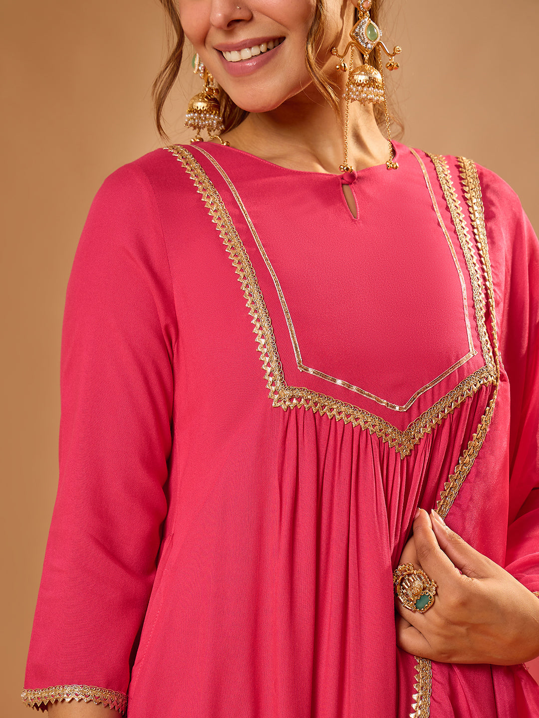 Janasya Women's Pink Rayon Yoke Design A-Line Kurta Set with Embroidered Dupatta
