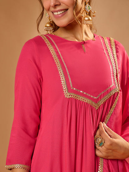 Janasya Women's Pink Rayon Yoke Design A-Line Kurta Set with Embroidered Dupatta