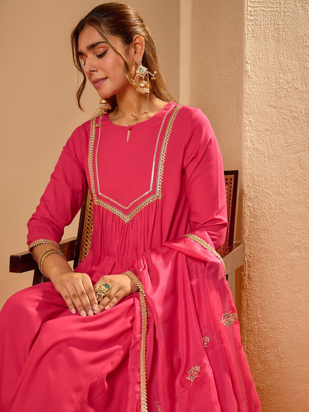 Janasya Women's Pink Rayon Yoke Design A-Line Kurta Set with Embroidered Dupatta