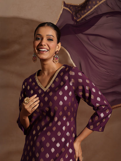Janasya Women's Purple Chanderi Silk Embellished Gold Printed Kurta With Sharara & Dupatta Set