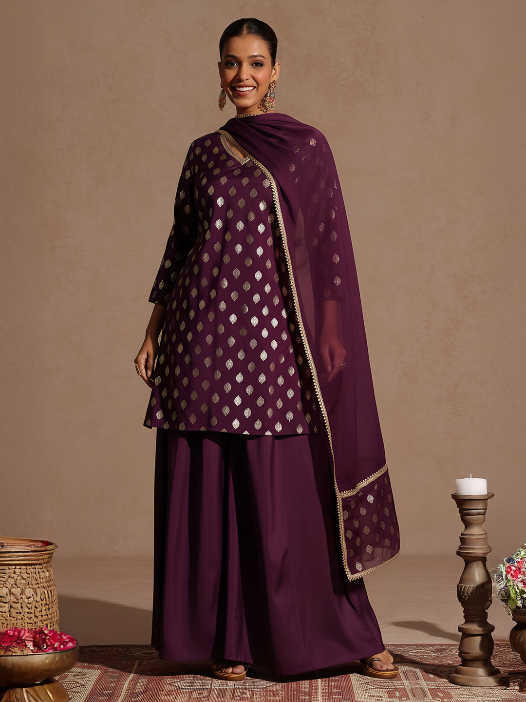 Janasya Women's Purple Chanderi Silk Embellished Gold Printed Kurta With Sharara & Dupatta Set