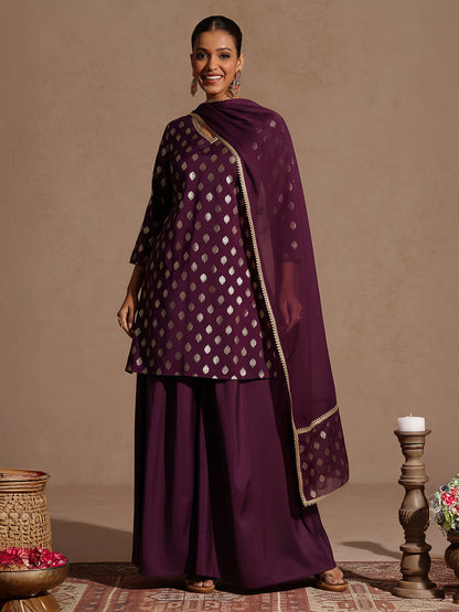 Janasya Women's Purple Chanderi Silk Embellished Gold Printed Kurta With Sharara & Dupatta Set