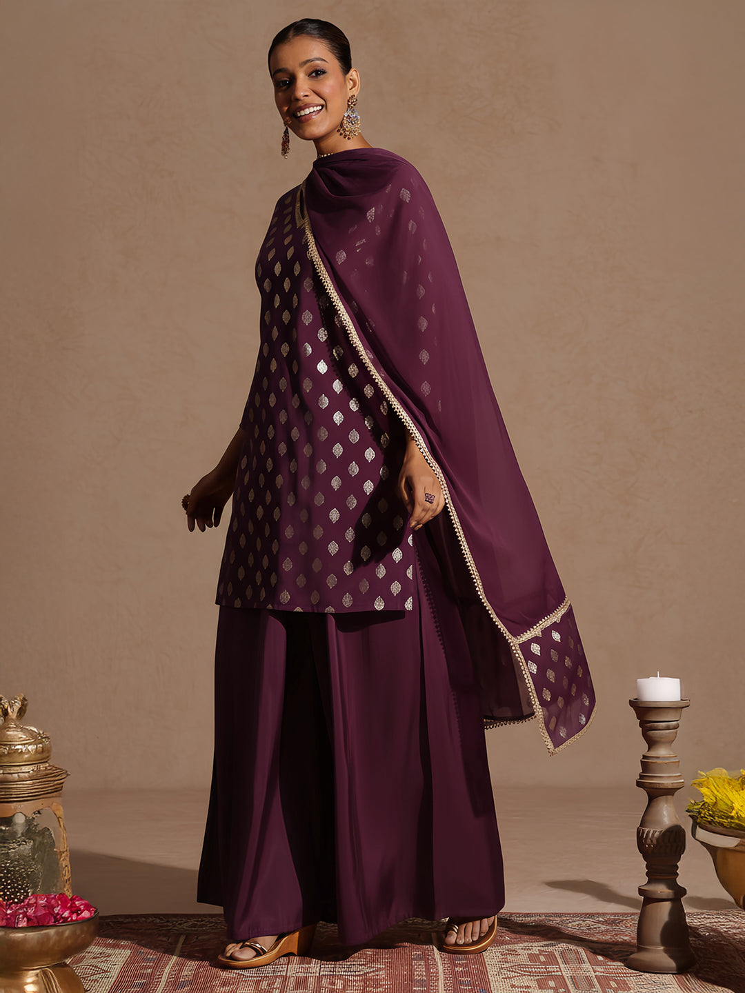 Janasya Women's Purple Chanderi Silk Embellished Gold Printed Kurta With Sharara & Dupatta Set