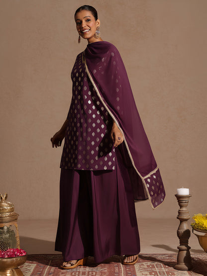 Janasya Women's Purple Chanderi Silk Embellished Gold Printed Kurta With Sharara & Dupatta Set