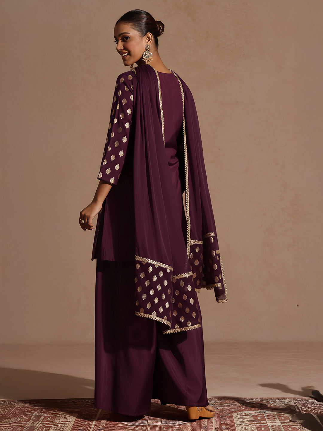 Janasya Women's Purple Chanderi Silk Embellished Gold Printed Kurta With Sharara & Dupatta Set