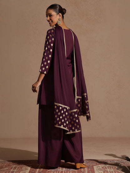 Janasya Women's Purple Chanderi Silk Embellished Gold Printed Kurta With Sharara & Dupatta Set