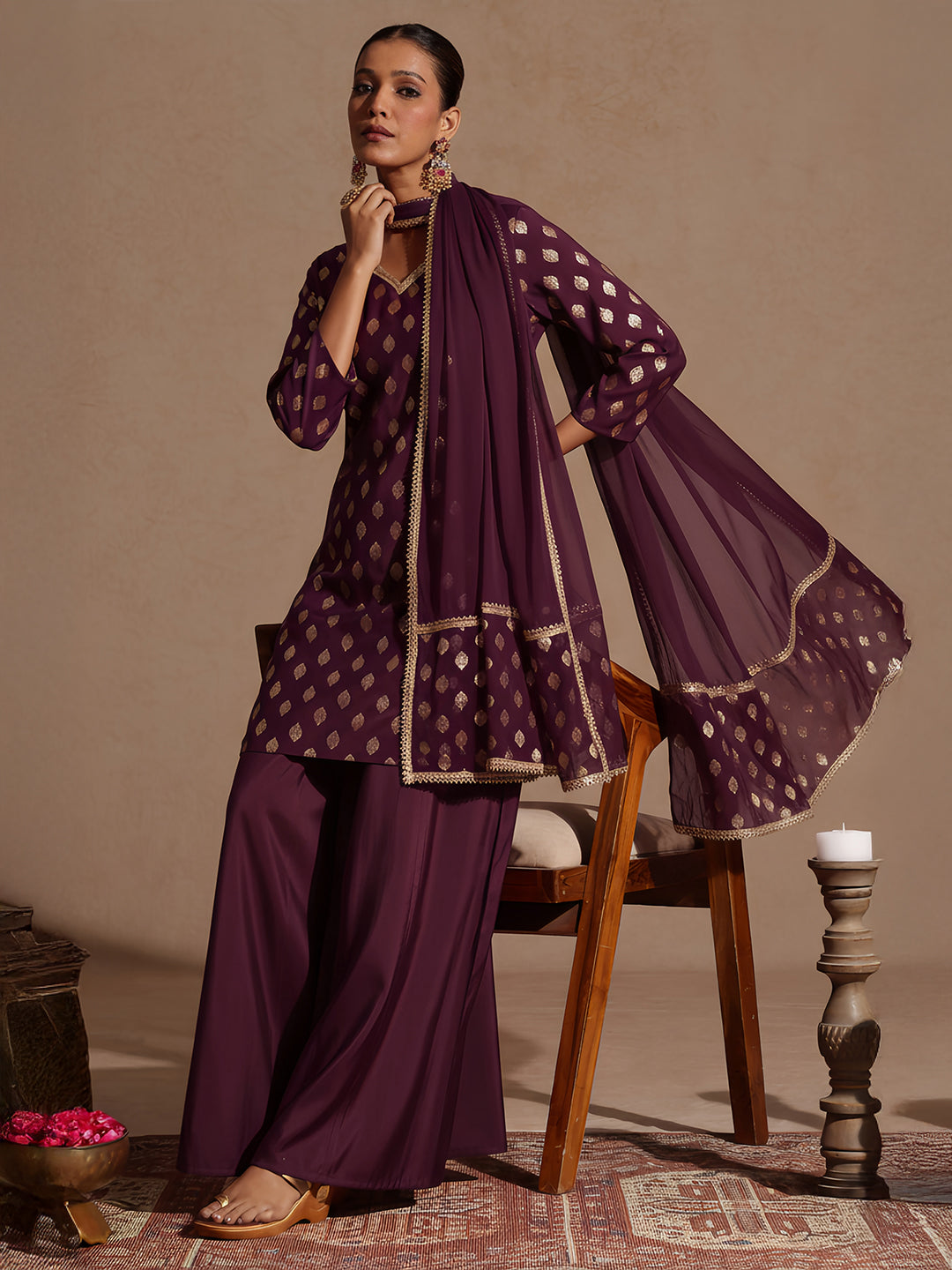 Janasya Women's Purple Chanderi Silk Embellished Gold Printed Kurta With Sharara & Dupatta Set