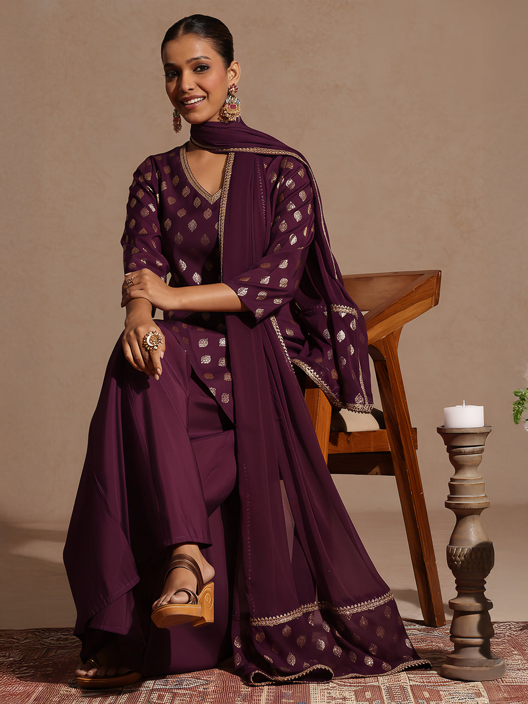 Janasya Women's Purple Chanderi Silk Embellished Gold Printed Kurta With Sharara & Dupatta Set