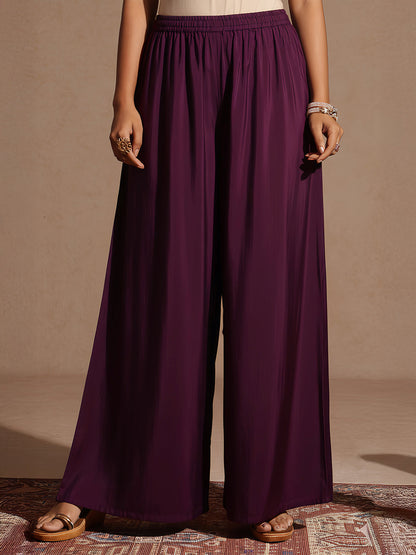 Janasya Women's Purple Chanderi Silk Embellished Gold Printed Kurta With Sharara & Dupatta Set