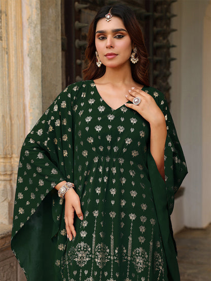 Janasya Women's Bottle Green Georgette Foil Printed Kaftan Kurta With Palazzo Set