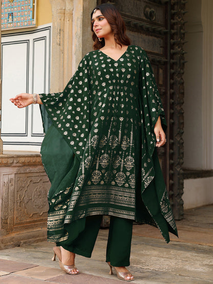 Janasya Women's Bottle Green Georgette Foil Printed Kaftan Kurta With Palazzo Set