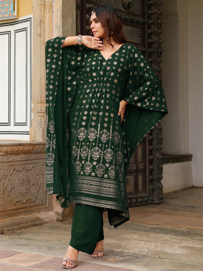 Janasya Women's Bottle Green Georgette Foil Printed Kaftan Kurta With Palazzo Set