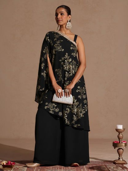 Janasya Women's Black Embellished Foil Printed Top With Pant And Cape Set
