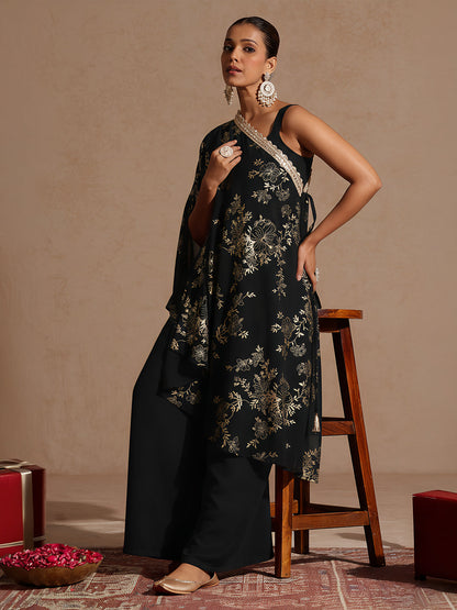 Janasya Women's Black Embellished Foil Printed Top With Pant And Cape Set