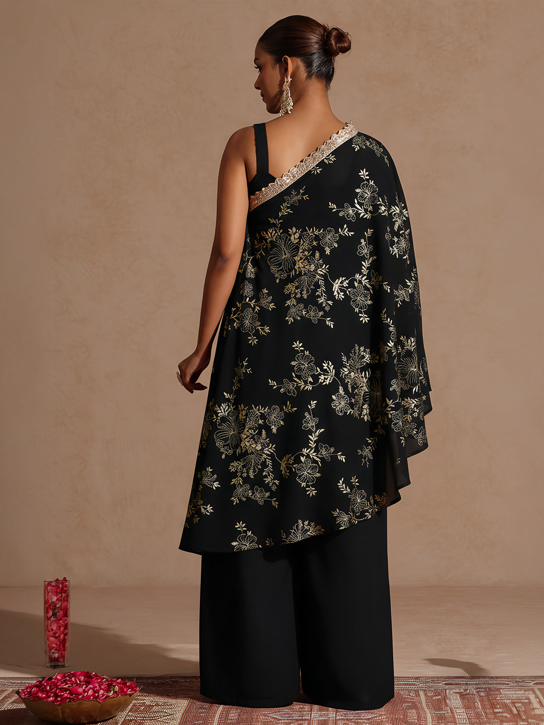 Janasya Women's Black Embellished Foil Printed Top With Pant And Cape Set