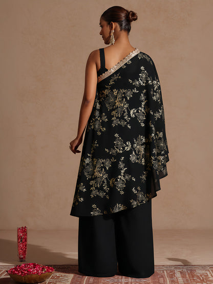 Janasya Women's Black Embellished Foil Printed Top With Pant And Cape Set