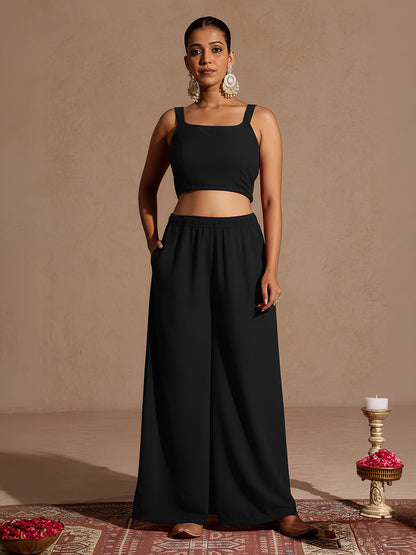 Janasya Women's Black Embellished Foil Printed Top With Pant And Cape Set