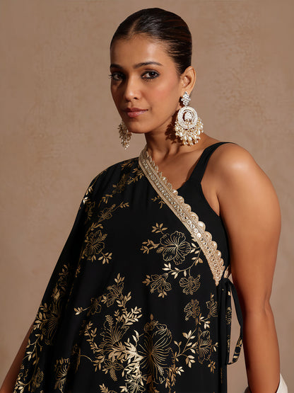 Janasya Women's Black Embellished Foil Printed Top With Pant And Cape Set