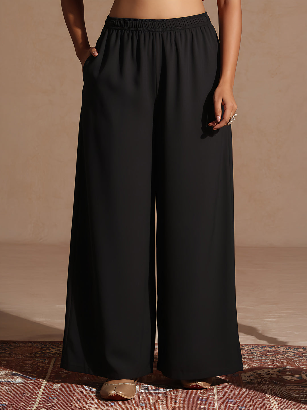 Janasya Women's Black Embellished Foil Printed Top With Pant And Cape Set