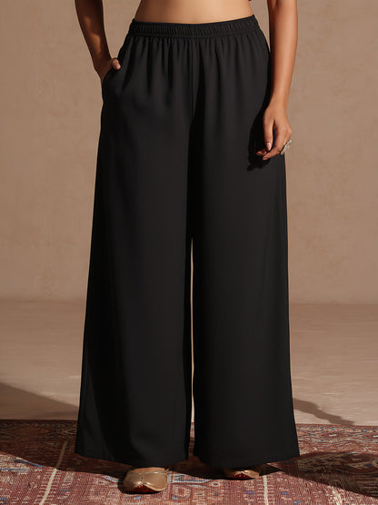 Janasya Women's Black Embellished Foil Printed Top With Pant And Cape Set