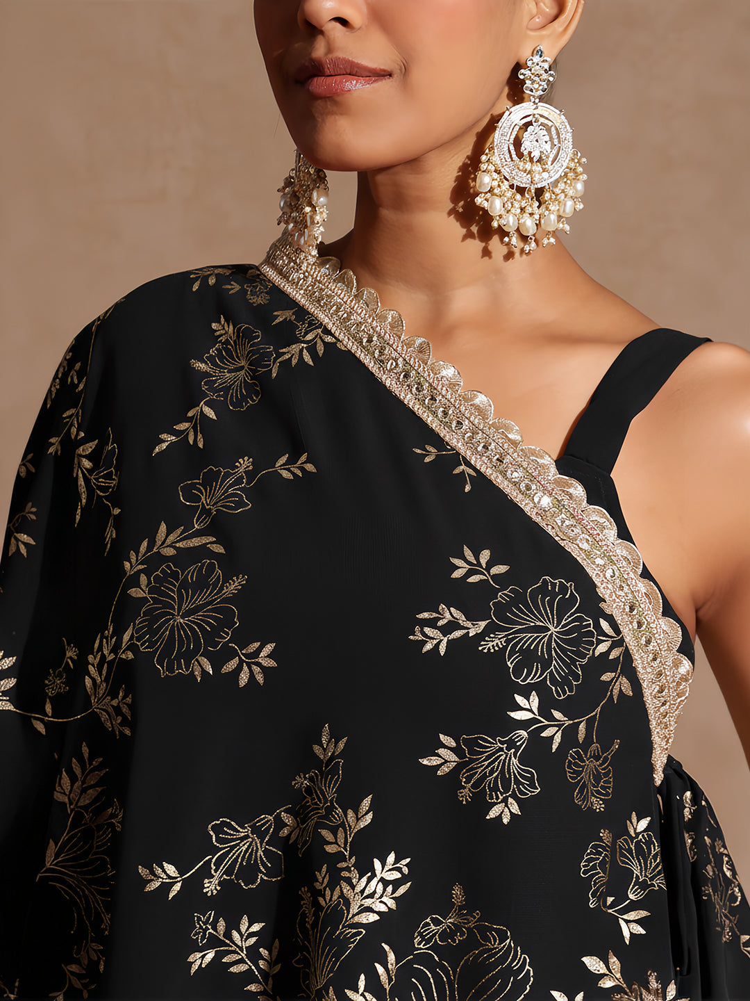 Janasya Women's Black Embellished Foil Printed Top With Pant And Cape Set