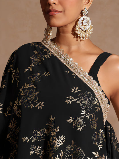 Janasya Women's Black Embellished Foil Printed Top With Pant And Cape Set