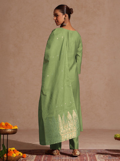 Janasya Women's Sage Green Silk Blend Zari Yoke Embroidered Straight Kurta Set With Dupatta