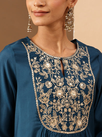 Janasya Women's Teal Chanderi Silk Zari Yoke Embroidered A-line Kurta Set With Dupatta