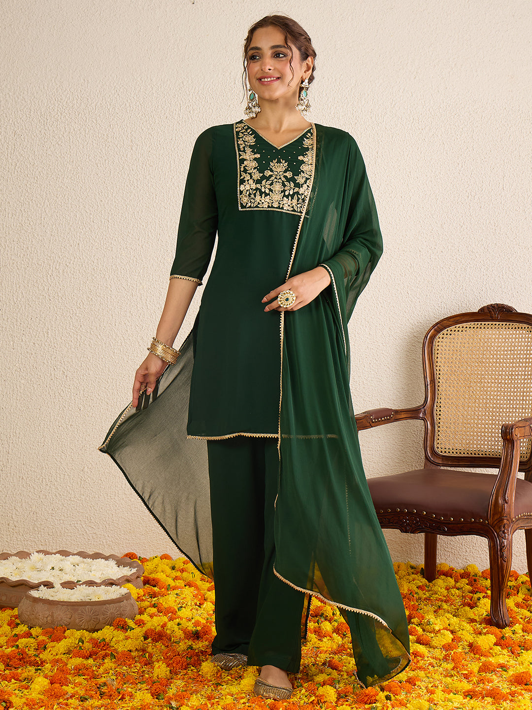 Janasya Women's Dark Green Georgette Floral Zari Embroidered Straight Kurta with Sharara and Dupatta Set