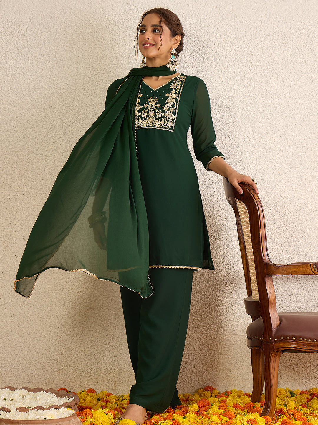 Janasya Women's Dark Green Georgette Floral Zari Embroidered Straight Kurta with Sharara and Dupatta Set