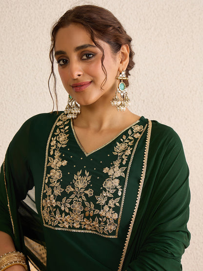 Janasya Women's Dark Green Georgette Floral Zari Embroidered Straight Kurta with Sharara and Dupatta Set