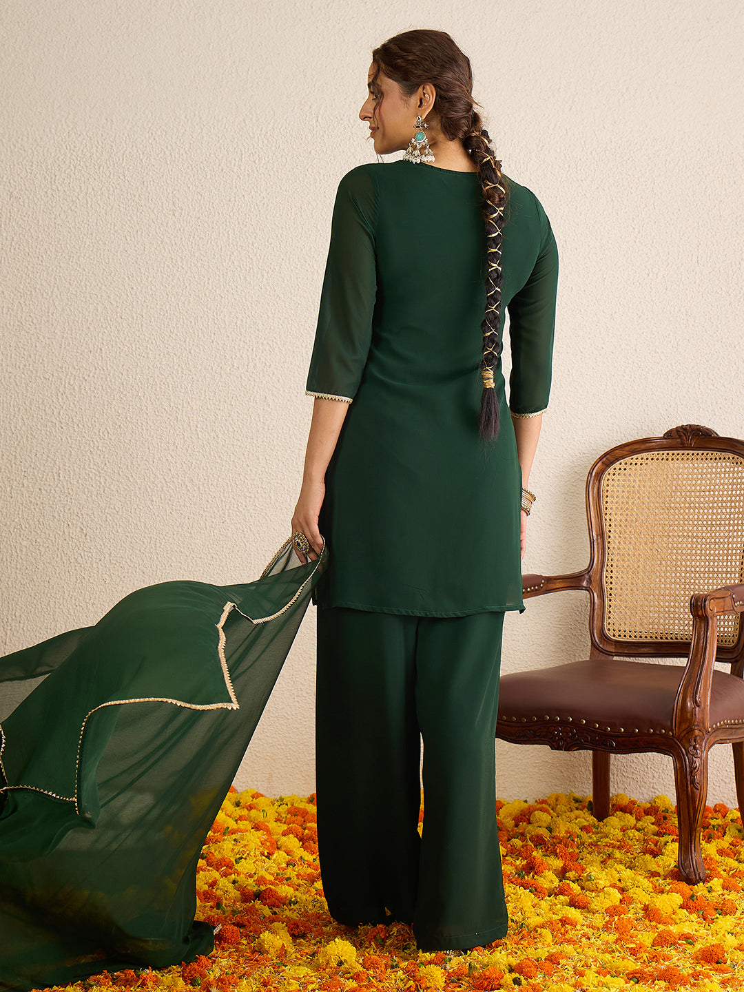 Janasya Women's Dark Green Georgette Floral Zari Embroidered Straight Kurta with Sharara and Dupatta Set