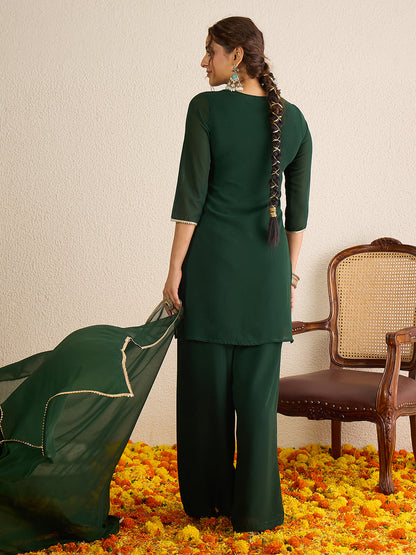 Janasya Women's Dark Green Georgette Floral Zari Embroidered Straight Kurta with Sharara and Dupatta Set
