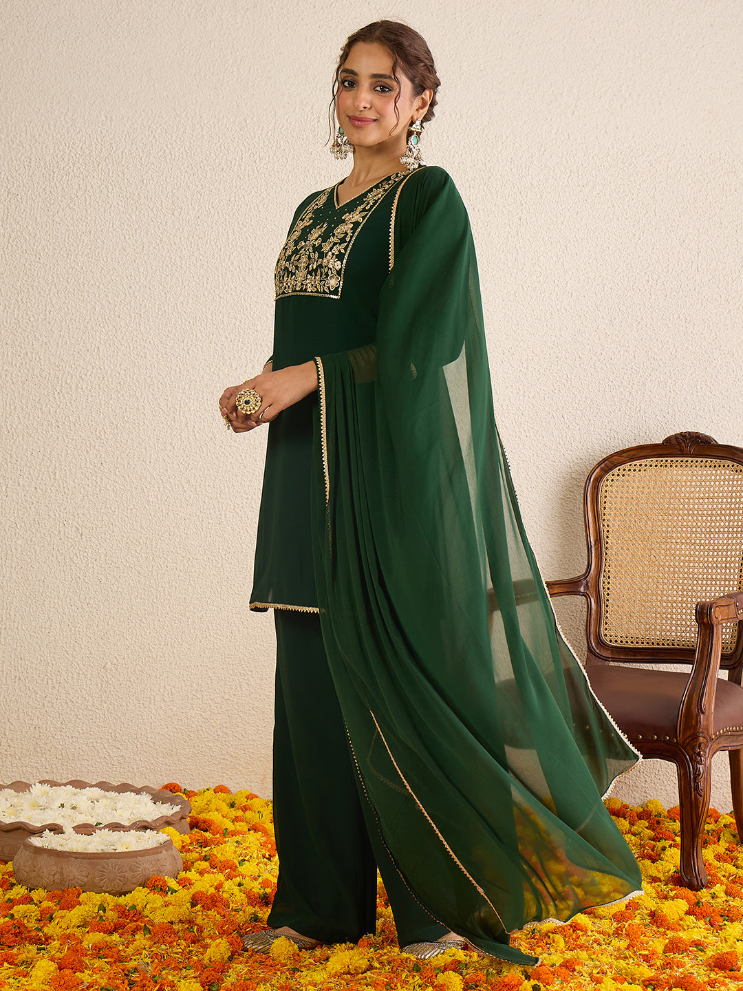 Janasya Women's Dark Green Georgette Floral Zari Embroidered Straight Kurta with Sharara and Dupatta Set
